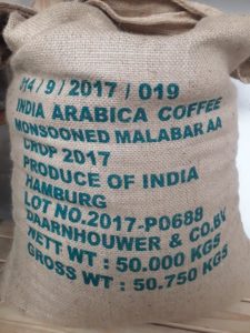 A sack of Monsooned Malabar coffee beans